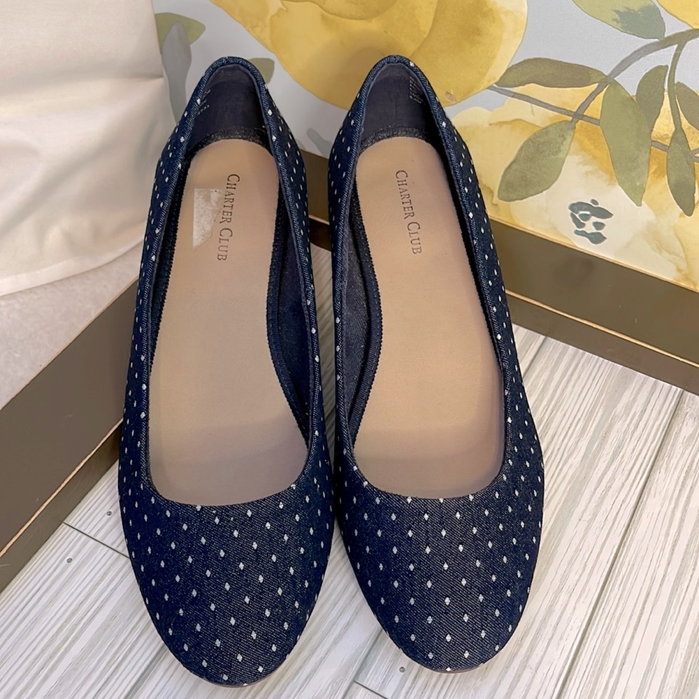Charter Club Ronnie Blue Denim & Dot Round Toe Slip On Shoes | Size 8.5